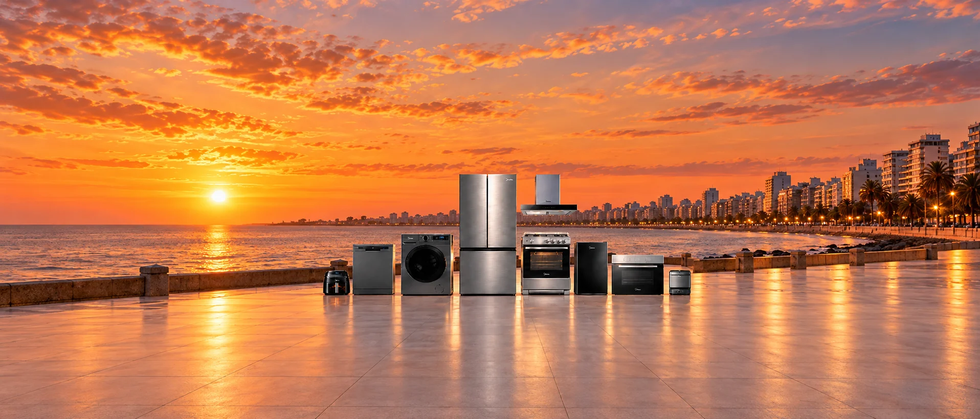 Electrodomésticos Midea en la Rambla de Montevideo al atardecer