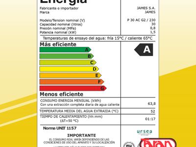 TERMOTANQUE DE ACERO CILINDRICO 30 LITROS EFICIENCIA A JAMES P 30 AC G2