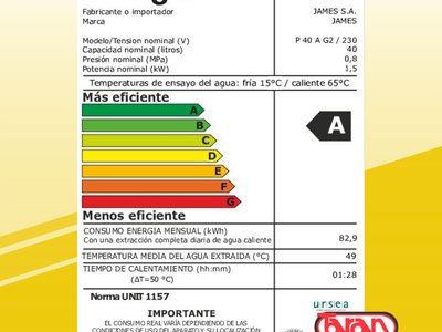 TERMOTANQUE DE ACERO CILINDRICO 40 LITROS EFICIENCIA A JAMES P 40 A G2